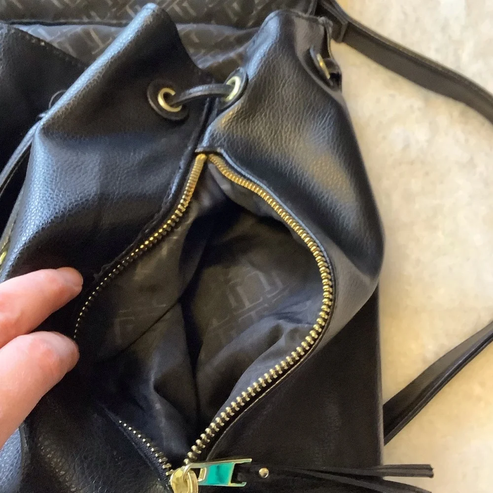 Faux Leather Black Drawstring Backpack Bucket Shoulder Bag